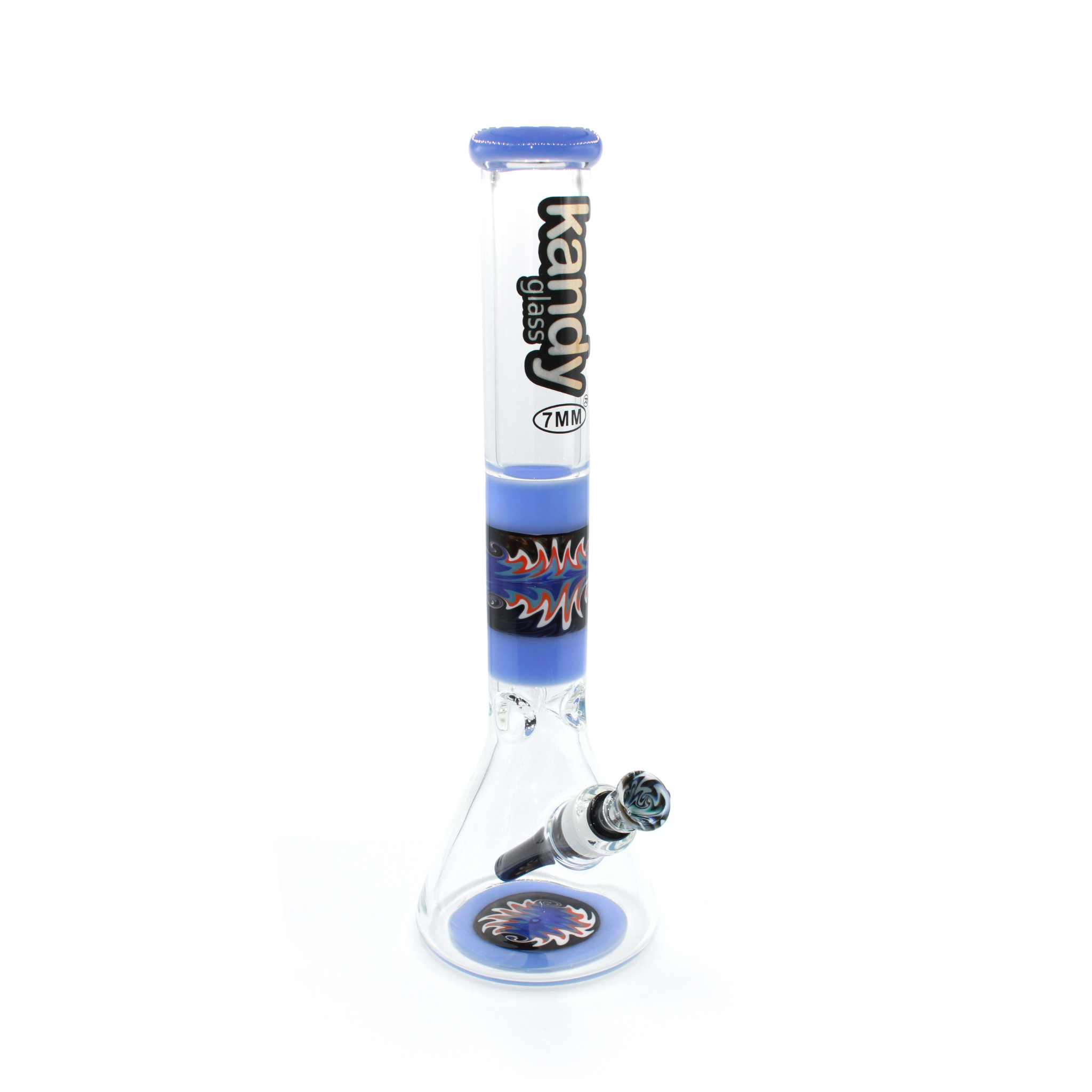 Kandy Glass Water Pipe 16" Beaker Base W/Stripe On Neck, Flamed Design On Stripe And Colored Downstem