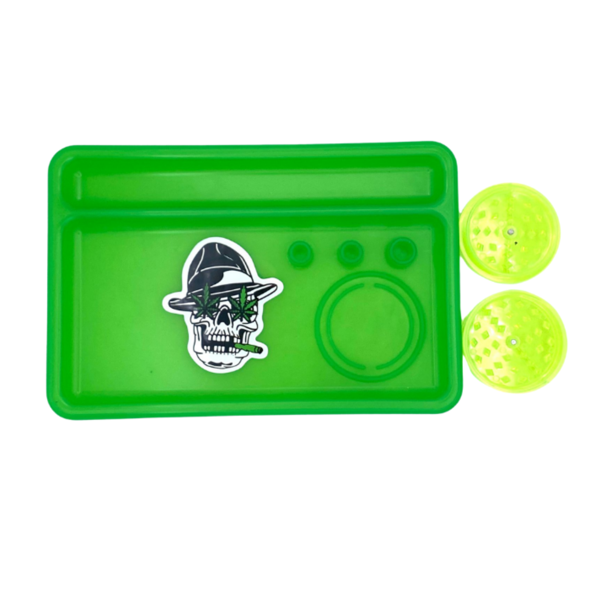 Plastic Tray W/Compartments, Plastic Grinder & Sticker